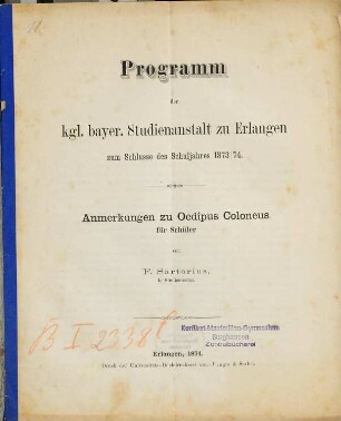 Anmerkungen zu Oedipus Coloneus : für Schüler
