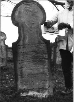 Grabstein 180 (Index: 100114657) Material: Sandstein Zustand: sehr stark verwittert mit sehr großem Textverlust Maße HxBxT: 159x57x12 cm Beschreibung: Stele mit Hufeisenbogen: Grabstein 180