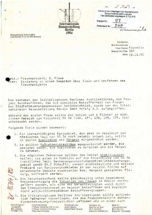 Einladung: Frauenprojekt, 2. Phase, Gespräch am 19.1.1981 (mit Anlagen)