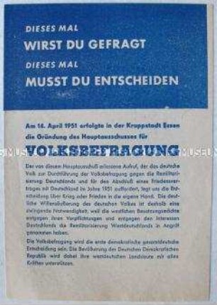 Propagandaschrift des Deutschen Friedenskomitees zur Volksbefragung gegen die Remilitariserung und für einen Friedensvertrag
