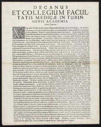 Decanus Et Collegium Facultatis Medicae In Tubingensi Academia Lectori Salutem