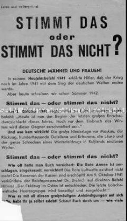 Sowjetisches Abwurf-Flugblatt mit einer Gegenüberstellung von Hitler-Versprechungen und der Realität