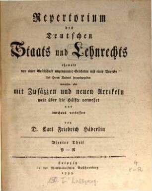Repertorium des Teutschen Staats und Lehnrechts, Vierter Theil. P-R