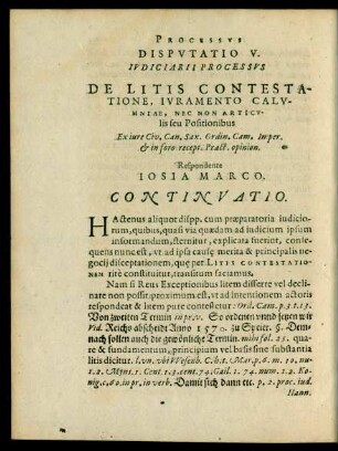 Disputatio V. Iudiciarii Processus De Litis Contestatione, Iuramento Calumniae, Nec Non Articulis seu Positionibus