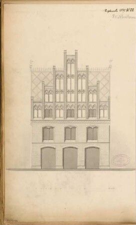 Pfarrhaus Monatskonkurrenz September 1879: Aufriss Straßenansicht; Maßstabsleiste