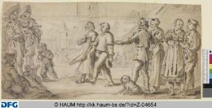Durch die Menge in der Stadt spazierendes Paar