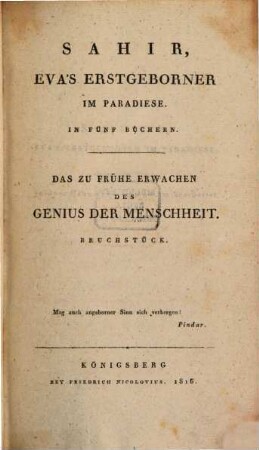 F. M. Klingers Werke. 10, Sahir, Evaś Erstgeborner im Paradiese [u.a.]