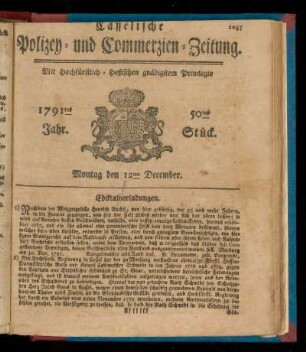 50tes Stueck, Montag den 12ten December. 1791