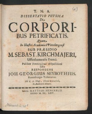 Dissertatio Physica De Corporibus Petrificatis