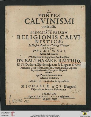 Fontes Calvinismi obstructi : Sive Principale Falsum Religionis Calvinisticae