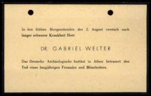 Traueranzeige des DAI Athen für Gabriel Welter