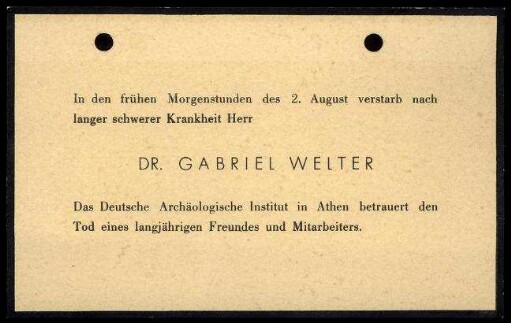 Traueranzeige des DAI Athen für Gabriel Welter