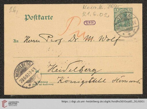 Briefe von Carl Pulfrich an Max Wolf: Karte von Carl Pulfrich an Max Wolf
