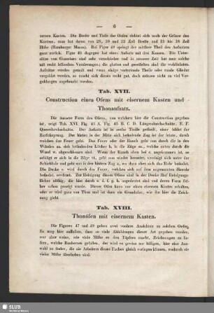 Tab. XVII. Construction eines Ofens mit eisernem Kasten und Thonaufsatz