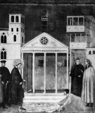 Ein Bürger Assisis huldigt dem heiligen Franziskus : Ein Bürger Assisis huldigt dem heiligen Franziskus. Fresko (1296/1304; Giotto di Bondone). Assisi, San Francesco