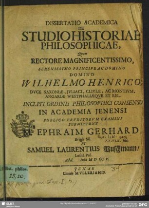 Dissertatio Academica De Studio Historiae Philosophicae