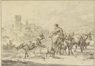 Burgruine an einem Fluß, im Vordergrund eine Hirtin auf einem Esel bei Kühen und Ziegen, ein beladener Esel wird von einem Hirte geprügelt und schlägt aus