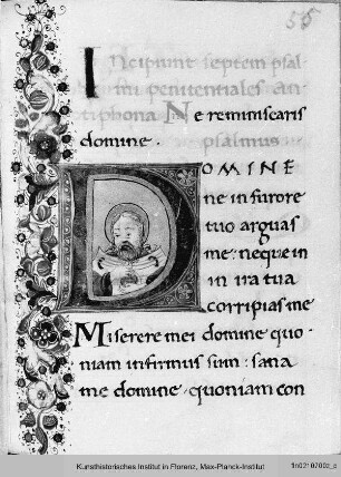 Officium Beatae Mariae Virginis : Folio mit Randbordüre, Text und historisierter Initiale D mit König David