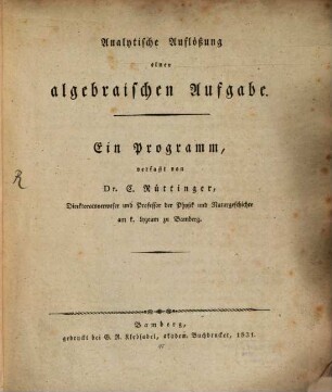 Analytische Auflößung einer algebraischen Aufgabe
