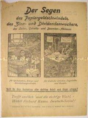 Programmatischer Wahlaufruf der Deutsch-sozialen Partei für die Berliner Stadtverordneten-Versammlung mit zwei Karikaturen.
