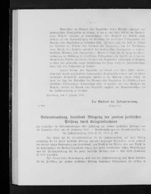 Bekanntmachung, betreffend Ablegung der zweiten juristischen Prüfung durch Kriegsteilnehmer