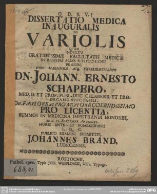 Dissertatio Medica Inauguralis De Variolis