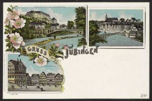 241, Gruss aus Tübingen. Schloss mit Alleenbrücke. Marktplatz.