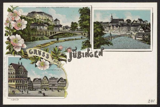 241, Gruss aus Tübingen. Schloss mit Alleenbrücke. Marktplatz.