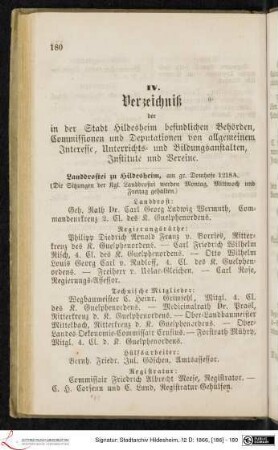 IV. Verzeichniß der in der Stadt Hildesheim befindlichen Behörden, Commissionen und Deputationen von allgemeinem Interesse, Unterrichts- und Bildungsanstalten, Institute und Vereine.
