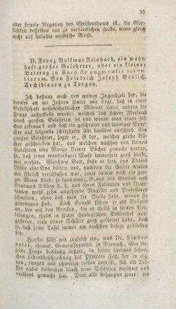 55-68 Dr. Franz Volkmar Reinhard, ein wahrhaft großer Gelehrter, oder ein kleiner Beitrag zu Baco de augmentis scientiarum