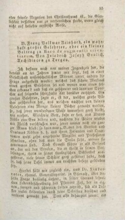 55-68 Dr. Franz Volkmar Reinhard, ein wahrhaft großer Gelehrter, oder ein kleiner Beitrag zu Baco de augmentis scientiarum
