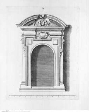 Regola de' Cinque Ordini d'Architettura (polygl.). Di M. Giacomo Barozzio da Vignola. Con la nuova aggionta di Michael-Angelo Buonaroti., Tafel V (Folio 102): Tor, Ansicht