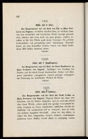 182, CXII. 1563, Juli 2 (Ulm) und CXIII. 1563, Juli 7 (Kaufbeuren)