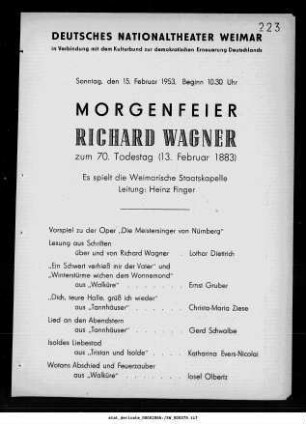 Morgenfeier Richard Wagner zum 70. Todestag