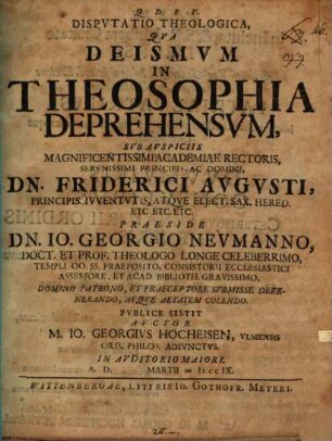 Dispvtatio Theologica, Qva Deismvm in Theosophia Deprehensvm
