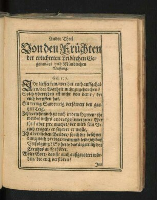 Ander Theil. Von den Früchten der ertichteten Leiblichen Gegenwart und Mündlichen Niessung.