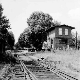 Bahnhof der Kleinbahnstrecke Elmshorn-Barmstedt-Oldesloer Eisenbahn (EBOE) mit Gleisanlagen: Sonnenschirm und Stühle auf Rampe: vorn rechts wucherndes Gras: im Hintergrund Bäume