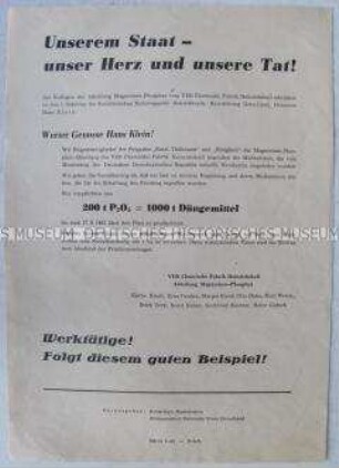 Propagandaflugblatt der Nationalen Front über die Verpflichtung eines Arbeitskollektives zu zusätzlichen Produktionsleistungen