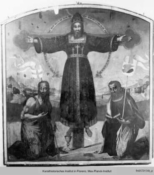 Gekreuzigter Christus als Volto Santo flankiert von dem Heiligen Johannes der Täufer und dem Evangelisten Markus - Cristo corcifisso comme Volto Santo Fra con Santi Giovanni Batista e Marco