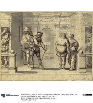 "Que ce Théâtre est magnifique": Verkleidete Schauspieler spielen eine Theaterszene im Hotel de Bourgogne in Paris, mit Turlupin, der Gaultier-Garguille bestiehlt, der sich auch einen Stock stützt, Gros-Guillaume, der mit einer Frau flirtet und einem Franzosen links und einem Spanier rechts