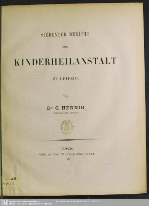 7.1874: Bericht der Kinderheilanstalt zu Leipzig