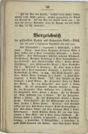 Verzeichnis der geschenkten Sachen und Naturalien