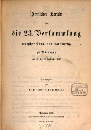 Amtlicher Bericht über die Versammlung Deutscher Land- und Forstwirthe. 23. 1862 (1863)