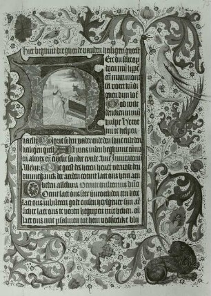 Illumination eines Stundenbuches: Schriftspiegel mit ornamentaler Umrahmung, in der Initiale H Anbetung des Goldenen Kalbes