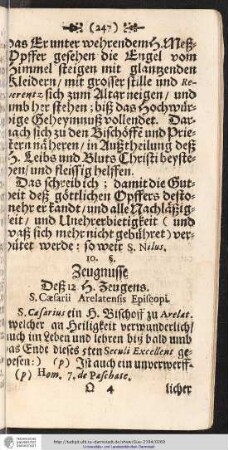 Zeugnusse Deß 12 H. Zeugens. S. Caesarii Arelatensis Episcopi.