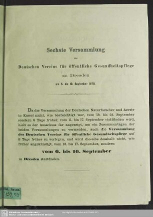 Sechste Versammlung des Deutschen Vereins für öffentliche Gesundheitspflege zu Dresden am 6. bis 10. September 1878 : [Programm]; [Thesen]