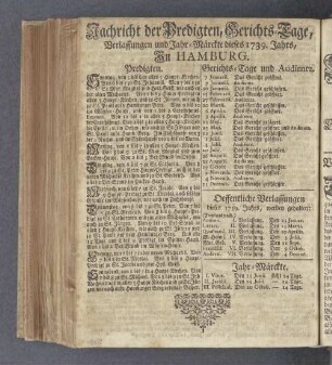 Nachricht der Predigten, Gerichts-Tage, Verlassungen und Jahr-Märckte dieses 1739. Jahrs In Hamburg.