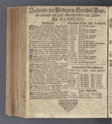 Nachricht der Predigten, Gerichts-Tage, Verlassungen und Jahr-Märckte dieses 1739. Jahrs In Hamburg.