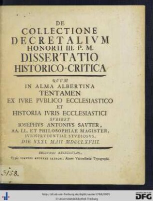 De Collectione Decretalium Honorii III. P. M. Dissertatio Historico-Critica
