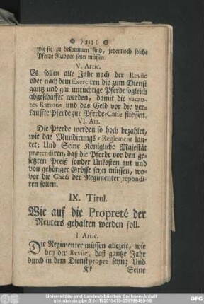 IX. Titul. Wie auf die Propreté der Reuters gehalten werden soll.